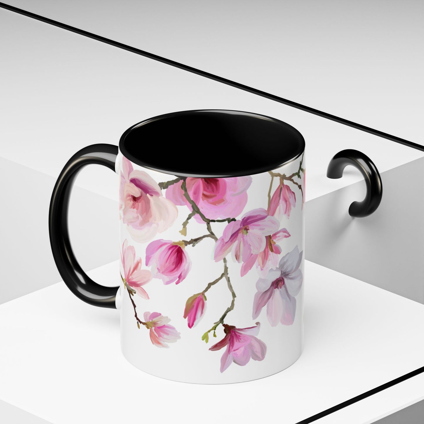 Pink Floral Accent Coffee Mug - 11oz & 15oz - Perfect Gift for Plant Lovers
