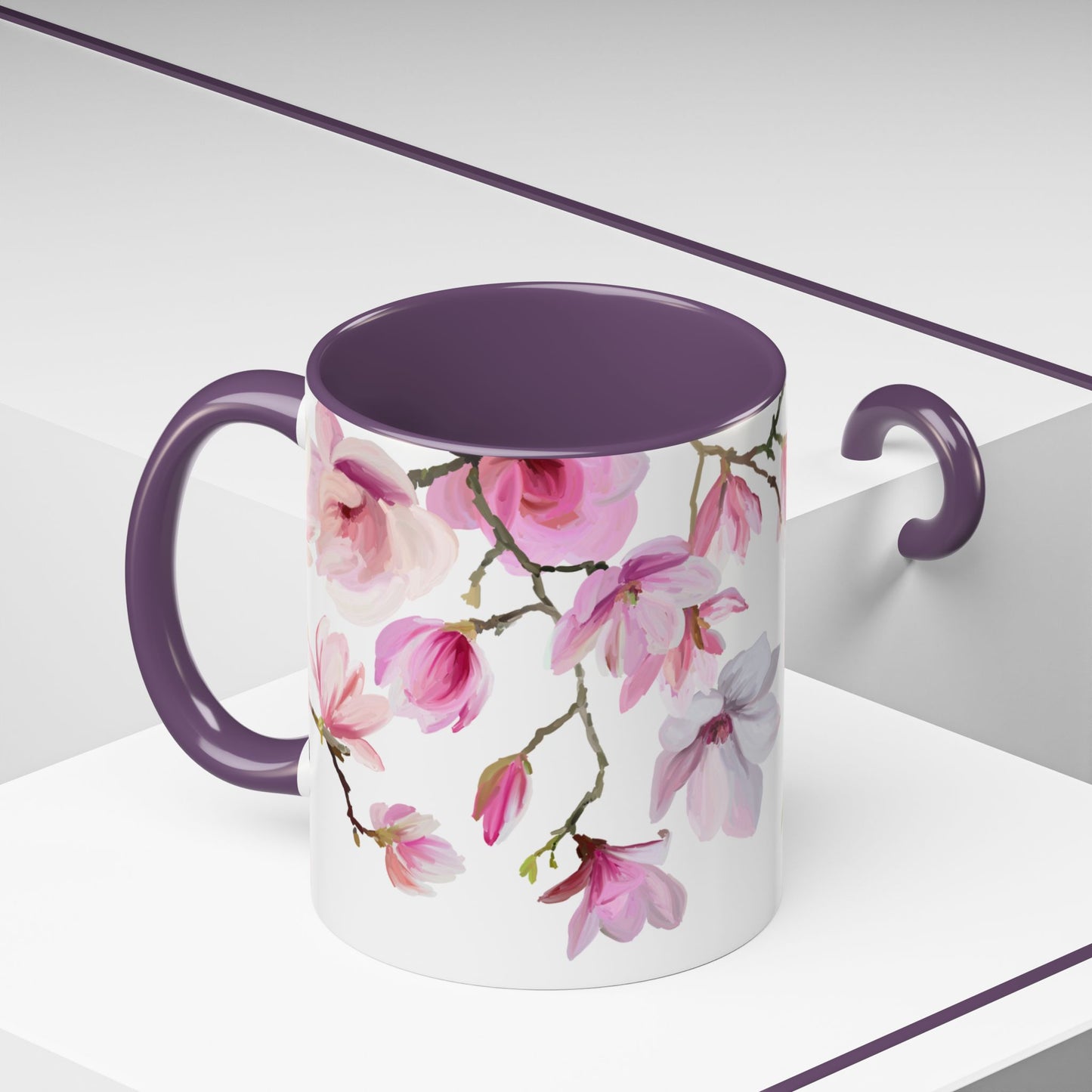 Pink Floral Accent Coffee Mug - 11oz & 15oz - Perfect Gift for Plant Lovers