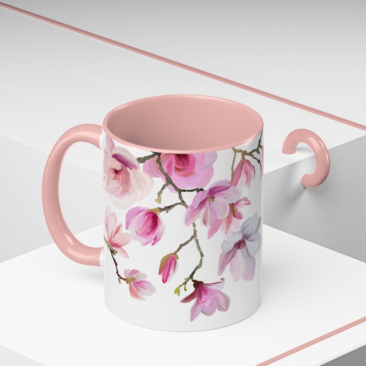 Pink Floral Accent Coffee Mug - 11oz & 15oz - Perfect Gift for Plant Lovers